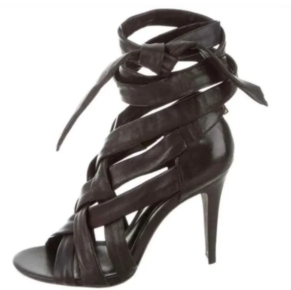 Tory Burch Lounge Baby Black Leather Ankle Wrap Heels Size 7 - Picture 4 of 12